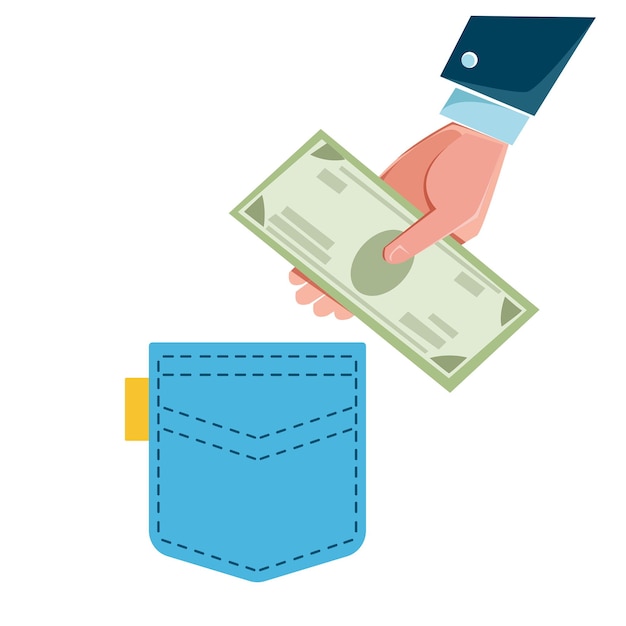 Vector la mano pone dinero en su bolsillo la mano del banquero roba de un bolsillo azul ilustración vectorial