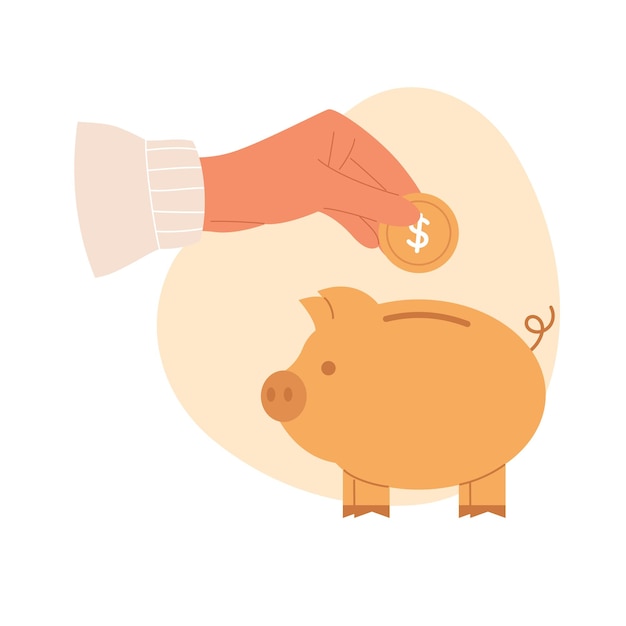 La mano pone una moneda de oro en una alcancía de oro concepto de ahorro de dinero Ilustración vectorial plana xD