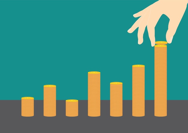 La mano pone una moneda en una pila de monedas de oro Ingresos ganancias Moneda pila de un dólar Dinero de oro Token chip Ilustración de stock vectorial aislado eps 10 sobre fondo blanco