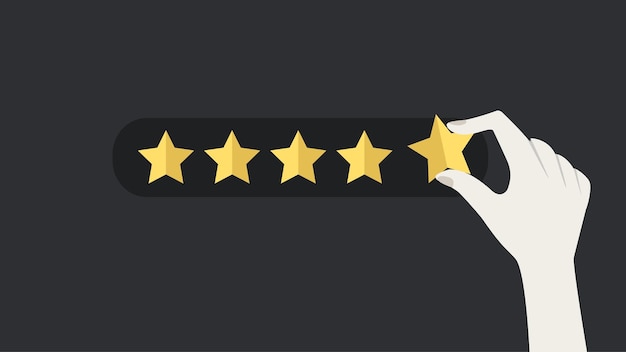 Mano poniendo cinco estrellas doradas sobre fondo negro. Icono de calificación de calidad de cinco estrellas.