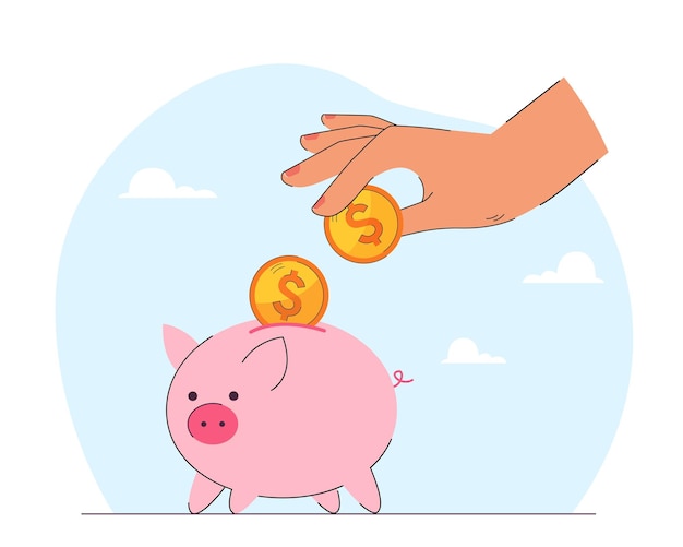 Mano poniendo monedas de oro con signo de dólar en alcancía. Persona que ahorra dinero para la ilustración de vector plano de inversión. Riqueza, concepto de finanzas para banner, diseño de sitio web o web de aterrizaje