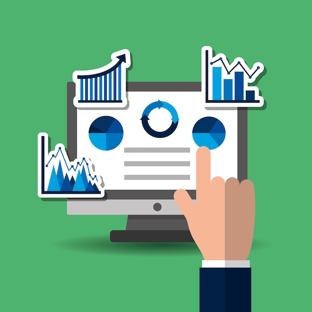 Vector mano presionando la pantalla de la computadora con el proceso gráfico de gráficos