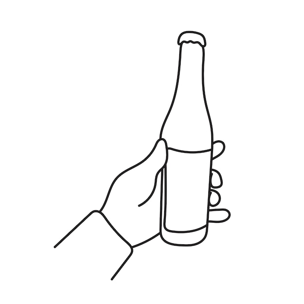 mano de primer plano sosteniendo una botella de cerveza ilustración vectorial mano dibujada aislada en fondo blanco