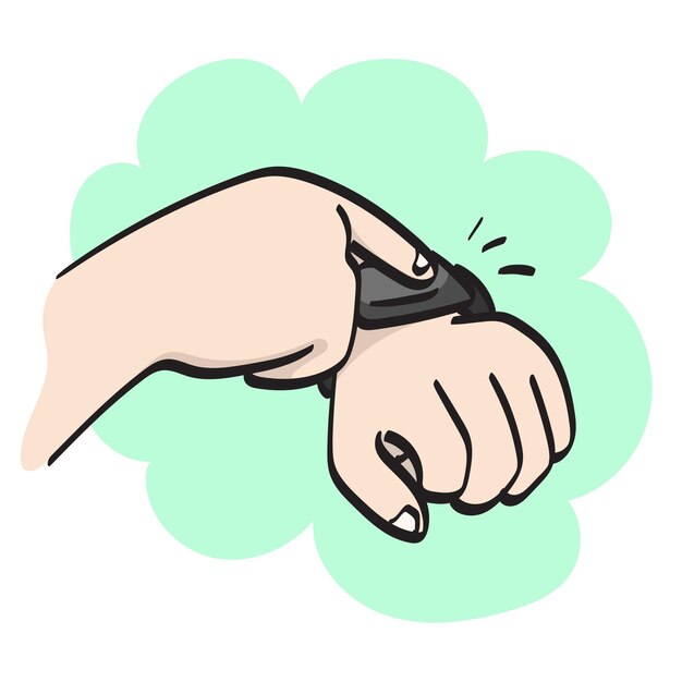 mano de primer plano usando reloj inteligente ilustración vectorial mano dibujada aislada en fondo blanco arte de línea