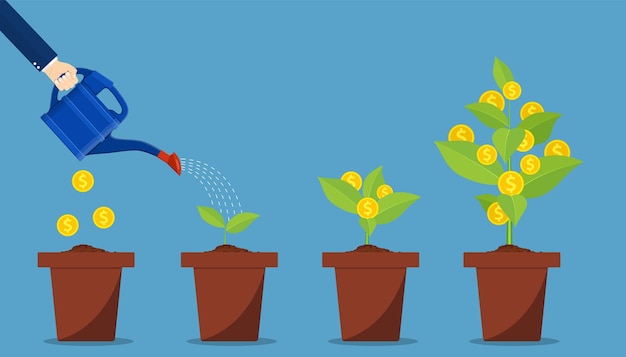Mano con puede regar el árbol del dinero.