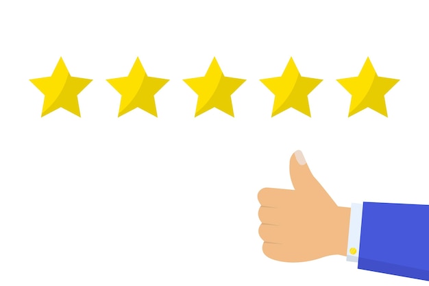 Mano con el pulgar hacia arriba y el icono de calificación de estrellas Calificación evaluación éxito retroalimentación revisión calidad Retroalimentación evaluación del cliente Calificación de cinco estrellas Ilustración vectorial