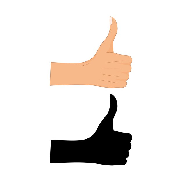 Mano pulgar hacia arriba signo con una silueta negra sobre un fondo blanco. Ilustración vectorial. Comentarios positivos, buenos gestos, me gusta. Ilustración de concepto de vector de estilo plano aislado sobre fondo blanco.