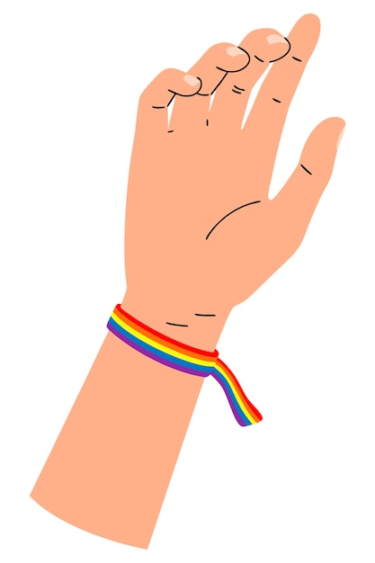 La mano con la pulsera del orgullo del arco iris simboliza la aceptación e inclusión en las comunidades