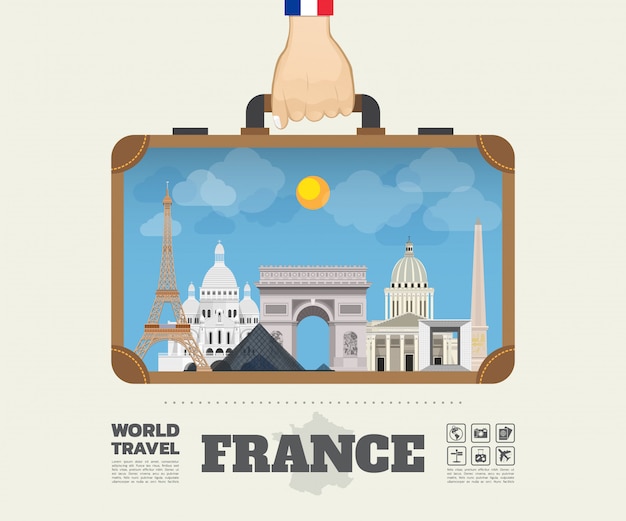 Mano que lleva la bolsa de infografía de francia landmark global travel and journey.