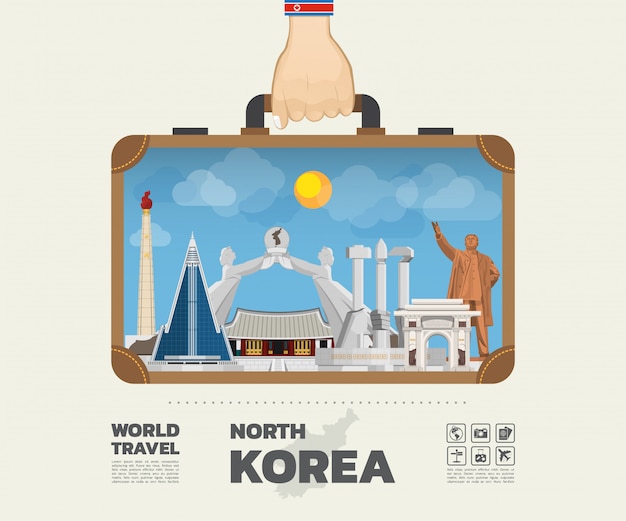 Mano que lleva la bolsa de infografía de viajes y viajes globales de Corea del Norte.