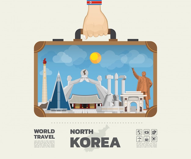 Mano que lleva la bolsa de infografía de viajes y viajes globales de corea del norte.