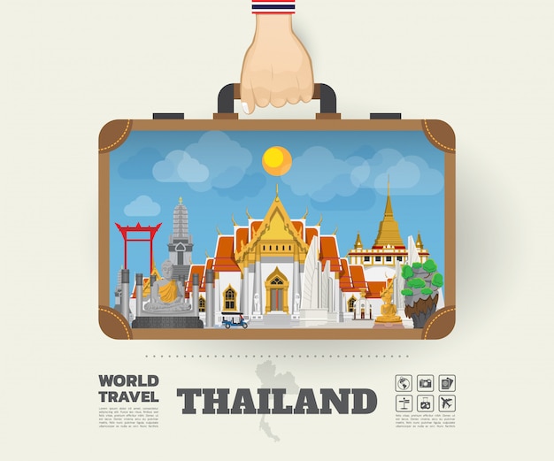 Mano que lleva el bolso infográfico de Tailandia Landmark Global Travel And Journey.