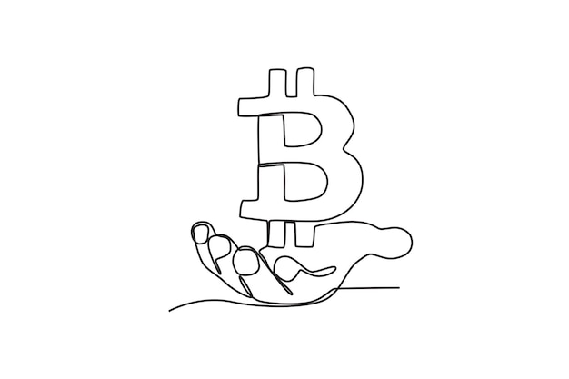 Una mano que muestra el símbolo de Bitcoin. Dibujo en línea de Bitcoin.