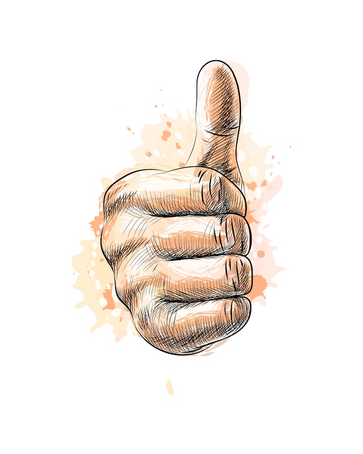 Vector mano que muestra el símbolo como. haciendo el pulgar hacia arriba gesto de un toque de acuarela, boceto dibujado a mano. ilustración de pinturas