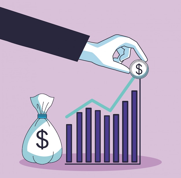 Vector la mano que pone la moneda en estadística barras el diseño gráfico del ejemplo máximo del vector