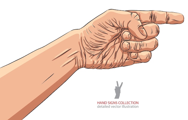Mano que señala con el dedo, ilustración vectorial detallada, signo de mano.