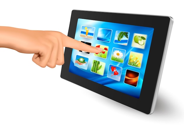 Mano que sostiene la almohadilla táctil y el dedo tocando su pantalla con iconos Vector