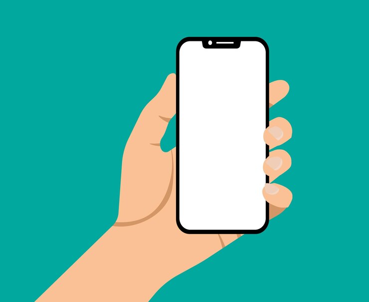 Vector mano que sostiene la aplicación de maqueta de teléfono de pantalla en blanco en el dispositivo de pantalla táctil ilustración vectorial