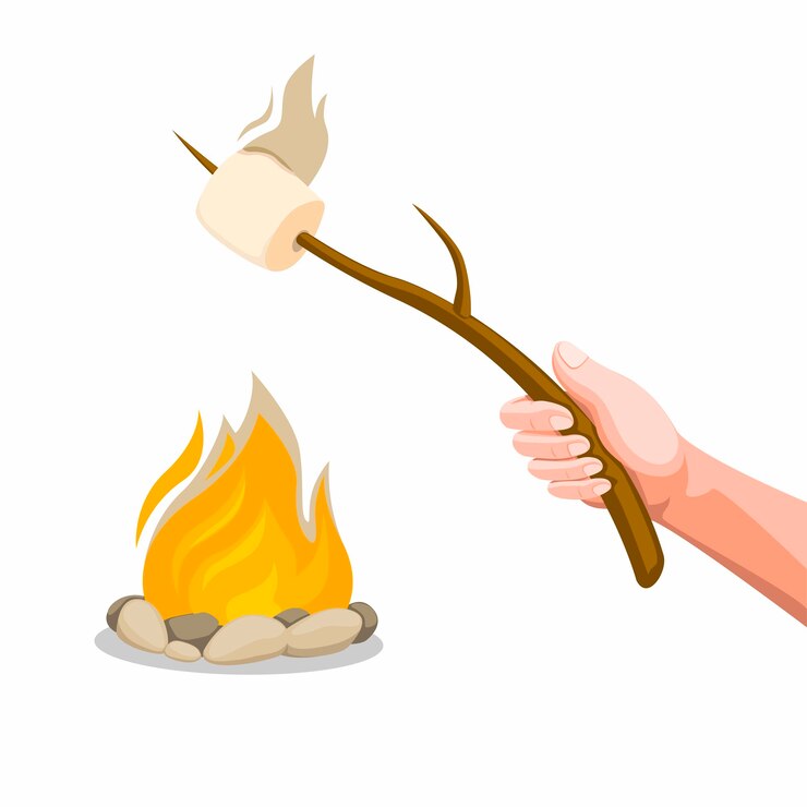 Vector mano que sostiene el asado de la melcocha en hoguera. ilustración de dibujos animados de concepto aislado en fondo blanco