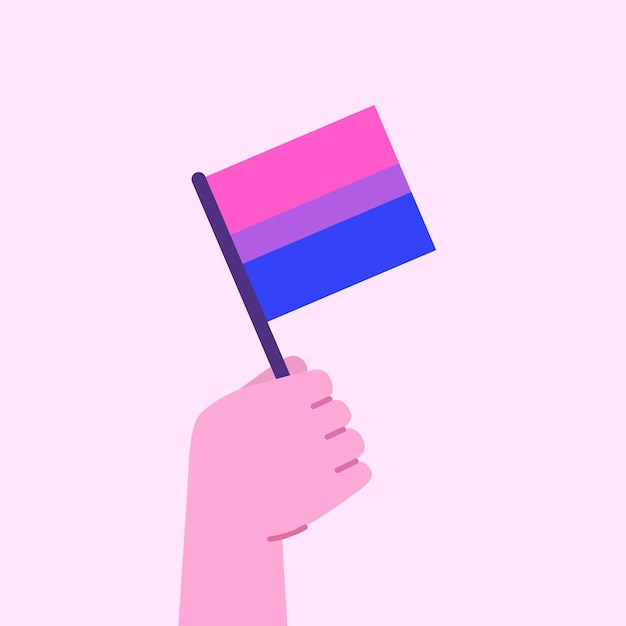 Vector mano que sostiene la bandera bisexual concepto de celebración del mes del orgullo ilustración vectorial