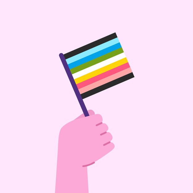 Vector mano que sostiene la bandera queer concepto de celebración del mes del orgullo ilustración vectorial