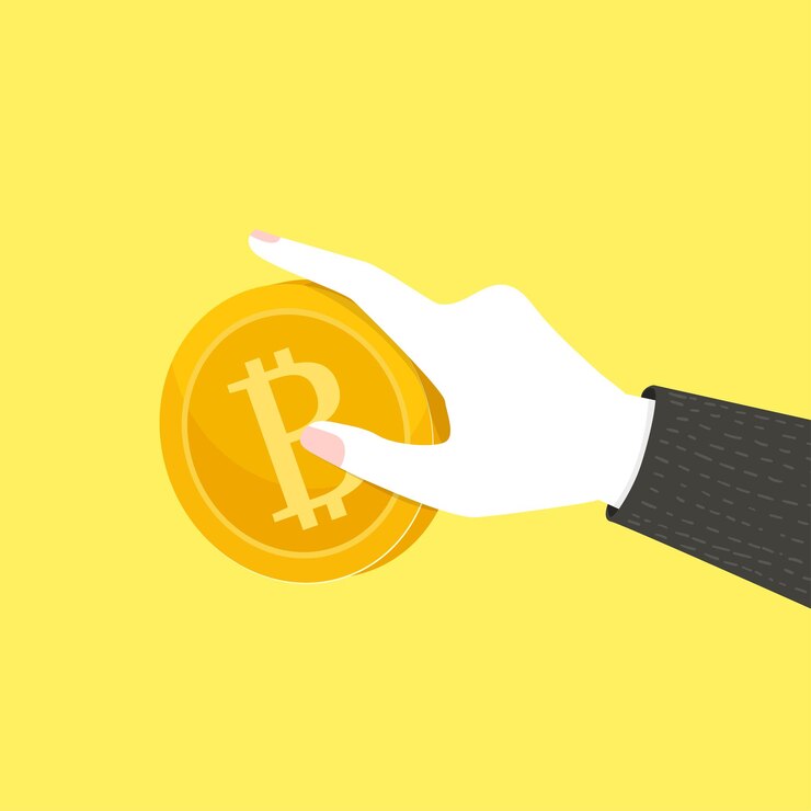 Vector mano que sostiene bitcoin. concepto de moneda criptográfica y bitcoin.