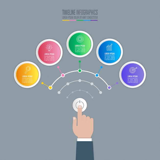 Vector mano que sostiene el botón de inicio con línea de tiempo infografía 5 opciones.