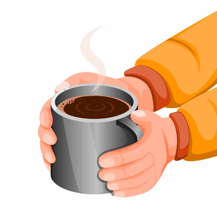 Vector mano que sostiene chocolate caliente o café en una taza de acero inoxidable, bebida caliente para mantenerse caliente en climas fríos o actividades de campamento. ilustración del concepto en estilo de dibujos animados aislado en fondo blanco