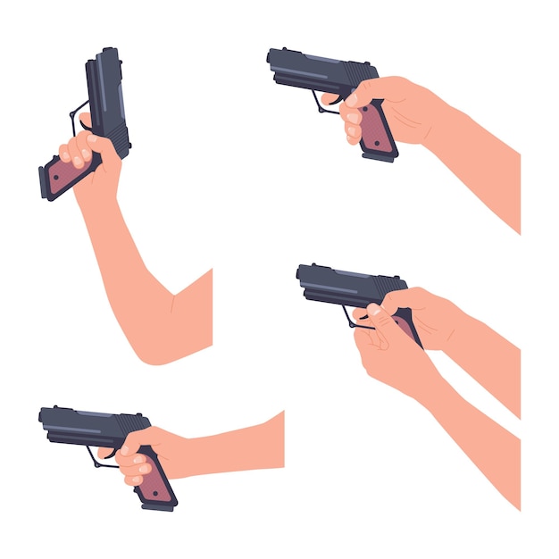 Mano que sostiene el conjunto de dibujos animados de vector de pistola aislado en un fondo blanco.