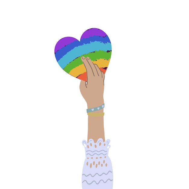 Mano que sostiene el corazón del arco iris. igualdad, unión, concepto de derechos lgbtq. ilustración plana. ilustración vectorial