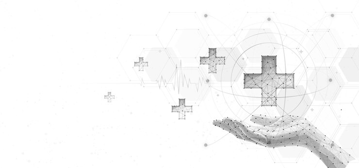 La mano que sostiene una cruz médica icono de fondo abstracto tratamiento hospitalario médico digital