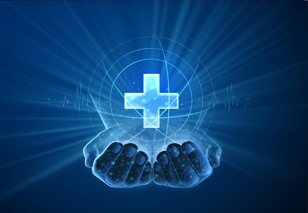 La mano que sostiene una cruz médica icono de fondo abstracto tratamiento hospitalario médico digital