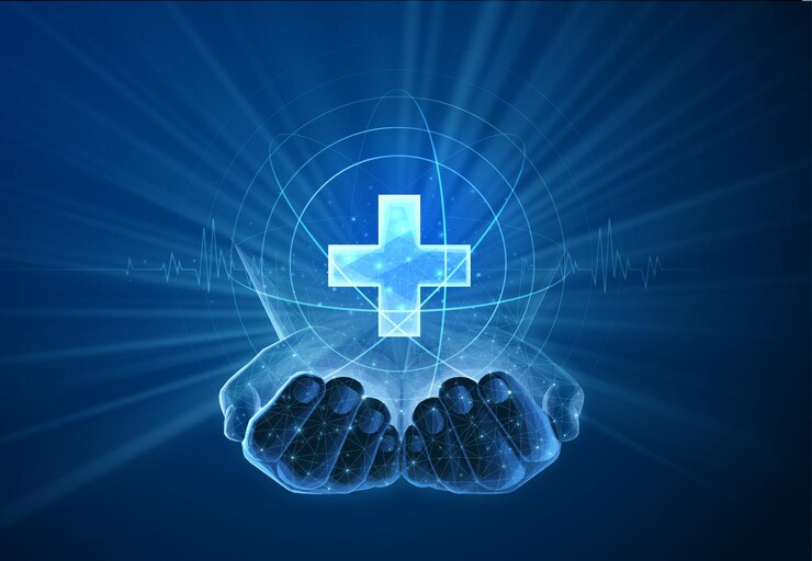 La mano que sostiene una cruz médica icono de fondo abstracto tratamiento hospitalario médico digital