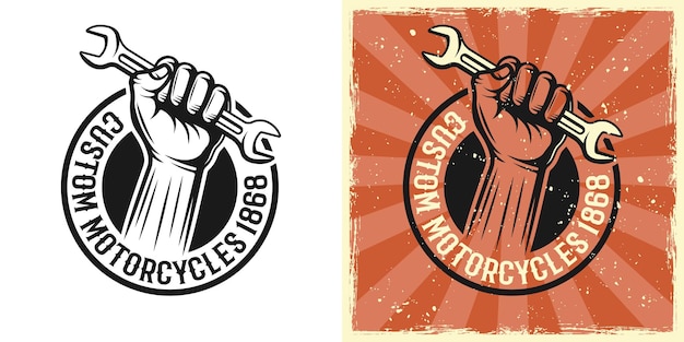 Mano que sostiene el emblema de vector de llave inglesa, insignia, etiqueta, impresión en dos estilos monocromáticos y color vintage con texturas grunge extraíbles