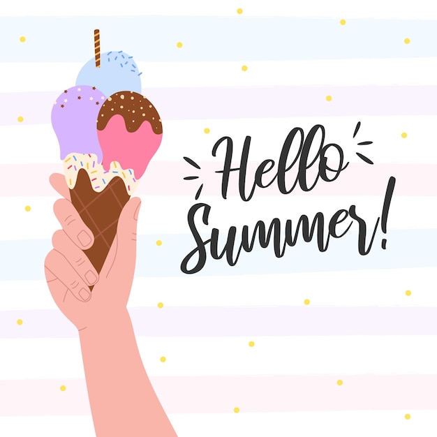 Mano que sostiene un helado de colores y el texto "Hola verano"