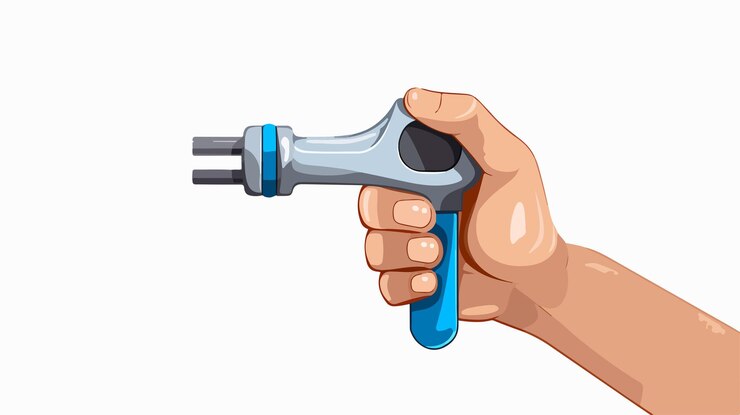 Vector una mano que sostiene una herramienta que está sosteniendo una herramienta azul