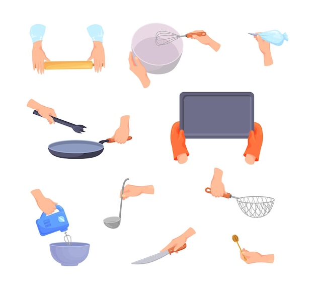 Mano que sostiene las herramientas de cocina Manos con utensilios de cocina para cocinar comida cuchara pan cuchillo de corte utensilios batidor batidor olla colador cucharón chef herramienta colección vector ilustración