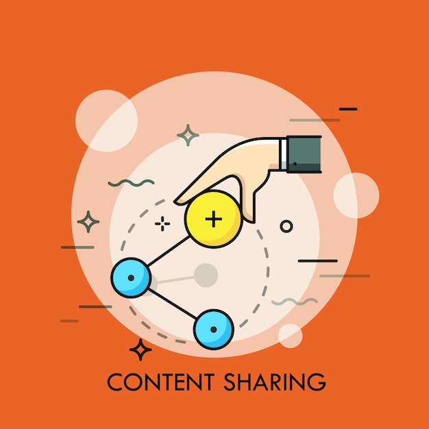 Mano que sostiene el icono de compartir. Concepto de envío de información en línea e intercambio de datos de Internet, servicio de redes sociales, comunicación. Ilustración moderna