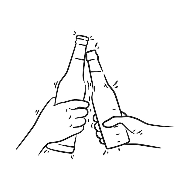 Mano que sostiene la ilustración de arte de línea de botella de cerveza
