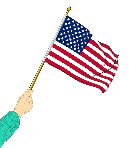 Mano que sostiene la ilustración de la bandera americana sobre fondo blanco mano vector de bandera de EE.UU.