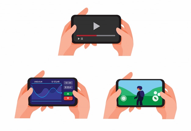 Mano que sostiene el juego del teléfono inteligente y mira la transmisión de video en línea, las aplicaciones de mercado y la colección de juegos Play Shooter set vector de ilustración
