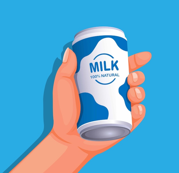 Mano que sostiene la leche fresca en la botella puede empaquetar el vector de ilustración de producto de bebida saludable