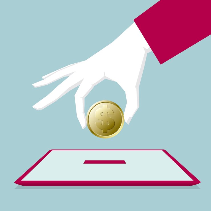Vector mano que sostiene la moneda del dólar, poner en la tableta.