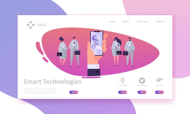 Mano que sostiene la página de inicio del concepto de teléfono móvil. Bot Smart Technologies. Ingeniería versus gente de negocios. Sitio web o página web del concepto de inteligencia artificial. Ilustración de Vector de dibujos animados plana.