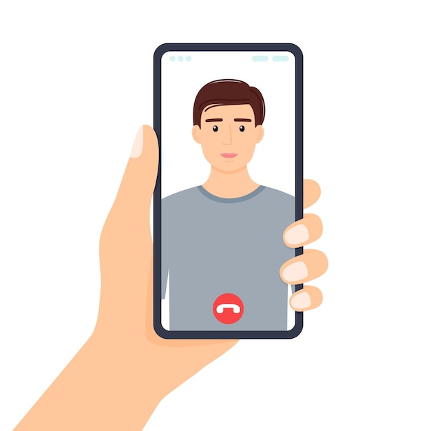 Mano que sostiene la pantalla del teléfono inteligente con un hombre guapo Ilustración de vector de videollamada