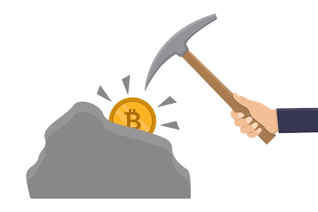 La mano que sostiene un pico es la minería de un bitcoin de una roca