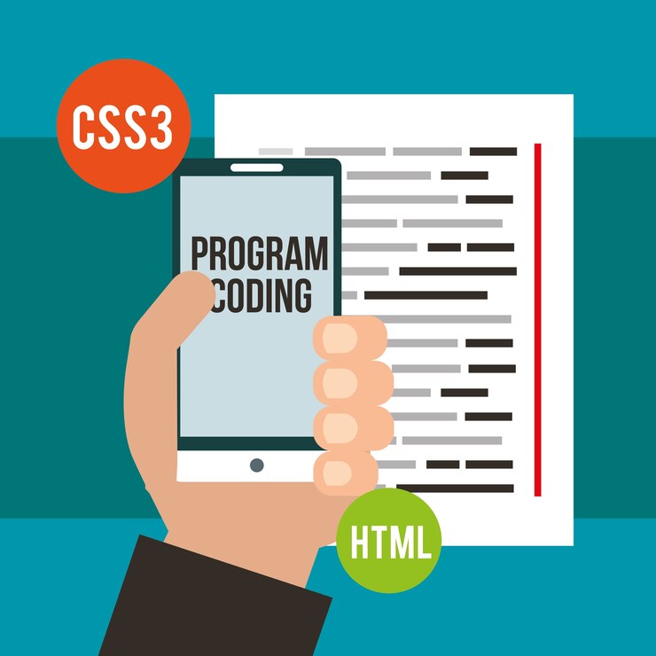 Vector mano que sostiene el programa de teléfono inteligente codificación html
