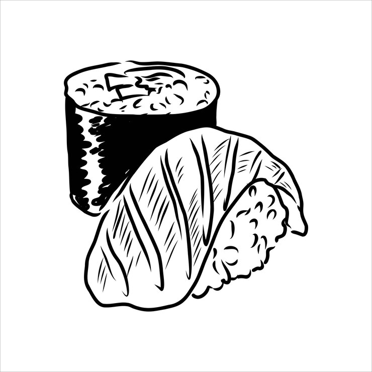 Vector mano que sostiene el rollo de sushi asiático chino japonés con un par de boceto de palillos de madera