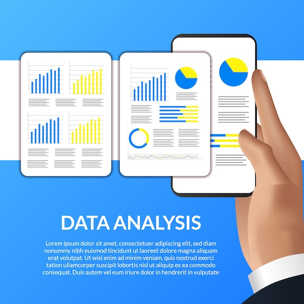 Vector mano que sostiene la tabla de teléfono inteligente, gráfico, estadística para el análisis de datos