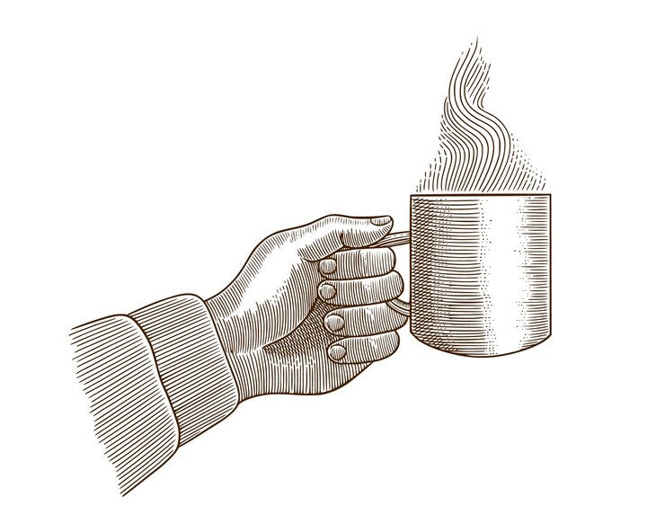 Vector mano que sostiene la taza de café ilustración de vector de estilo de dibujo de grabado vintage